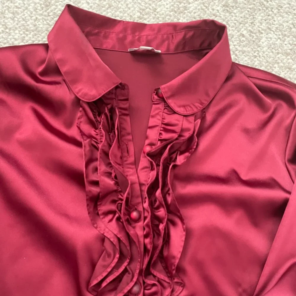 Talbots Ruffle Red Blouse Size MP - Picture 3 of 9